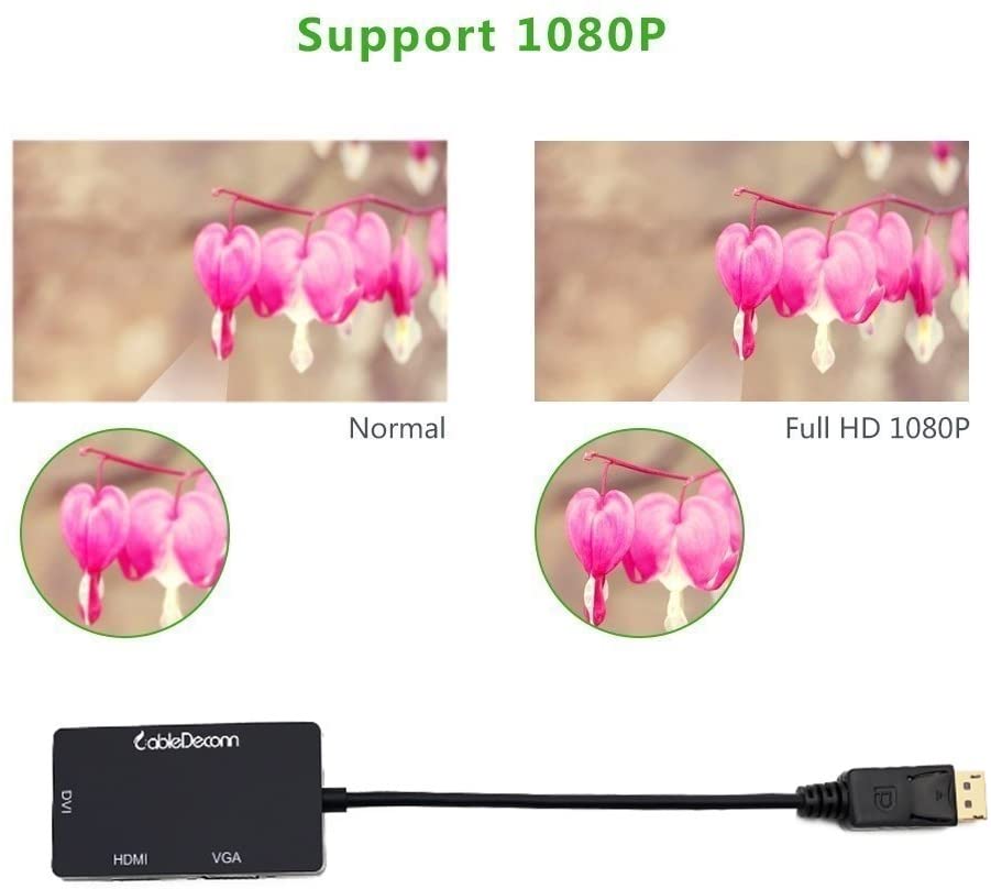CABLEDECONN Displayport multifunción Dp a HDMI/DVI/VGA macho a hembra 3 en  1 adaptador convertidor cable