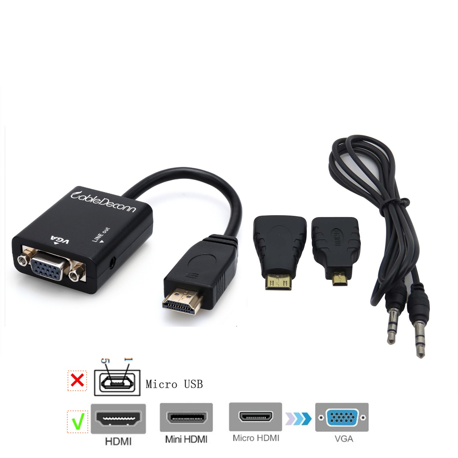 CABLEDECONN 3 In1 HDMI Male to VGA Adapter Convertor Cable + Micro