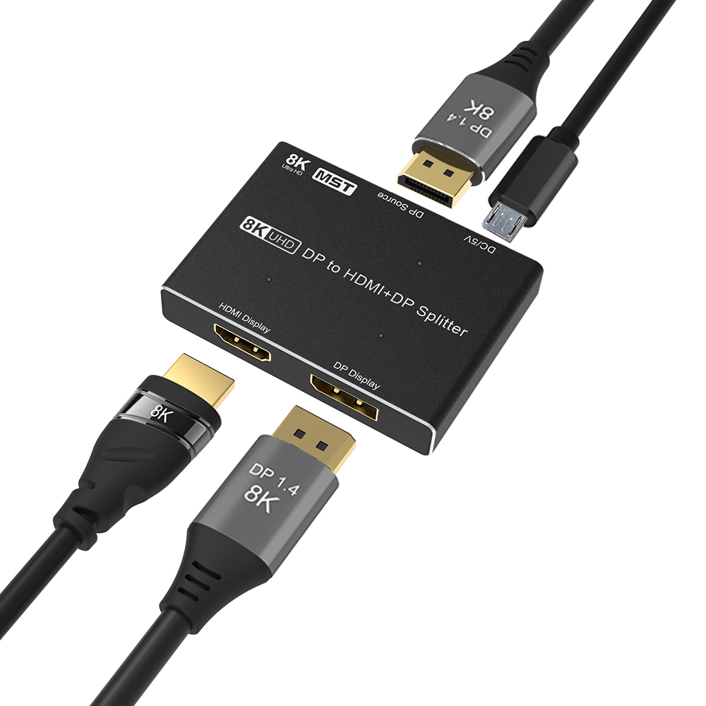 CABLEDECONN DisplayPort HDMI 8K MST 1In 2Out Splitter Directional DP 1.4 8K@30Hz to DisplayPort HDMI 8K Directional Converter Switch Multi Screen Transfer T0202-DP to DP + 8K Adapter -CableDeconn