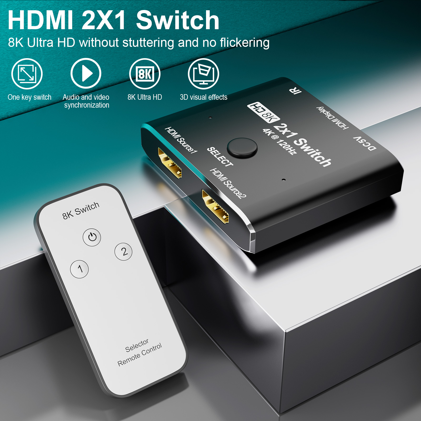 CableDeconn HDMI Ultra HD 8K HDMI 2.1 hög hastighet 48 Gbps  riktningsbrytare endast 2 tum 1 ut 8K @60Hz 4K @120Hz splitter Converter  kompatibel med