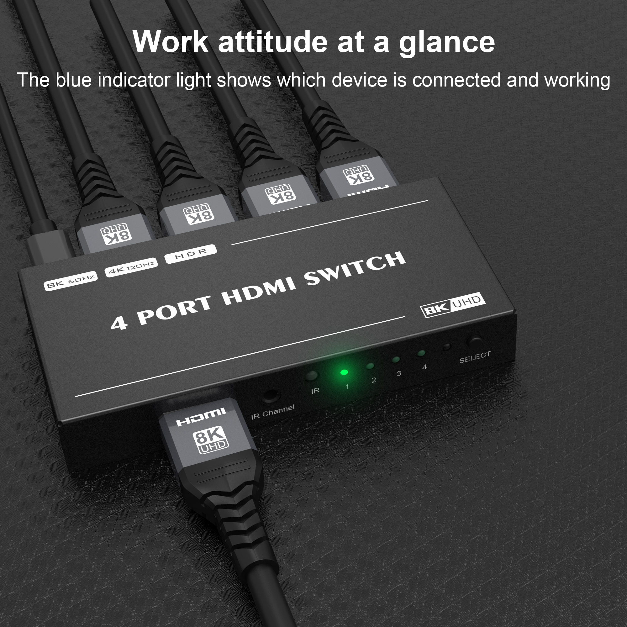 CABLEDECONN HDMI 2.1 Ultra HD 8K 4in 1out Switch High Speed 48Gbps HDR10 3D  Directional Conver 8K@60Hz 4K@120Hz HDCP2.3 Converter with IR Remote Video